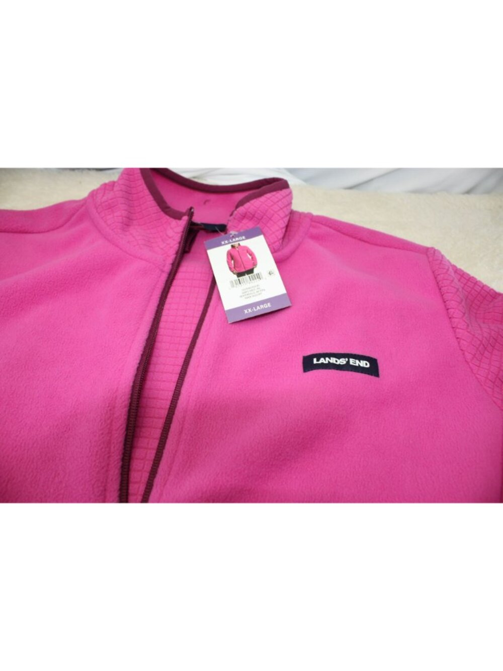 Lands End Womens Fleece Jacket Bright Pink XX-Large Grid Pattern Full Zip New - Picture 2 of 6